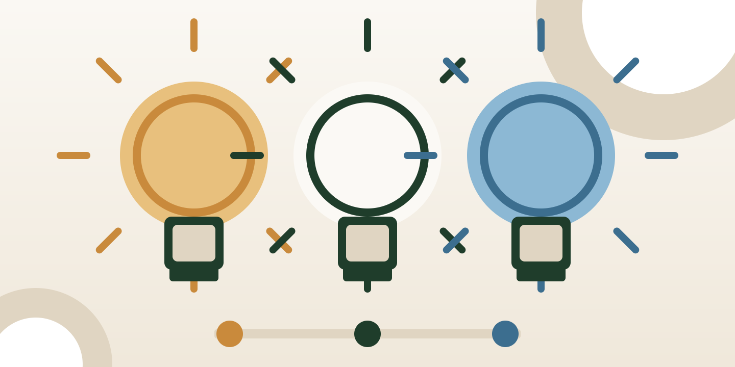 Illustration of three LED bulbs with warm, neutral and cool light