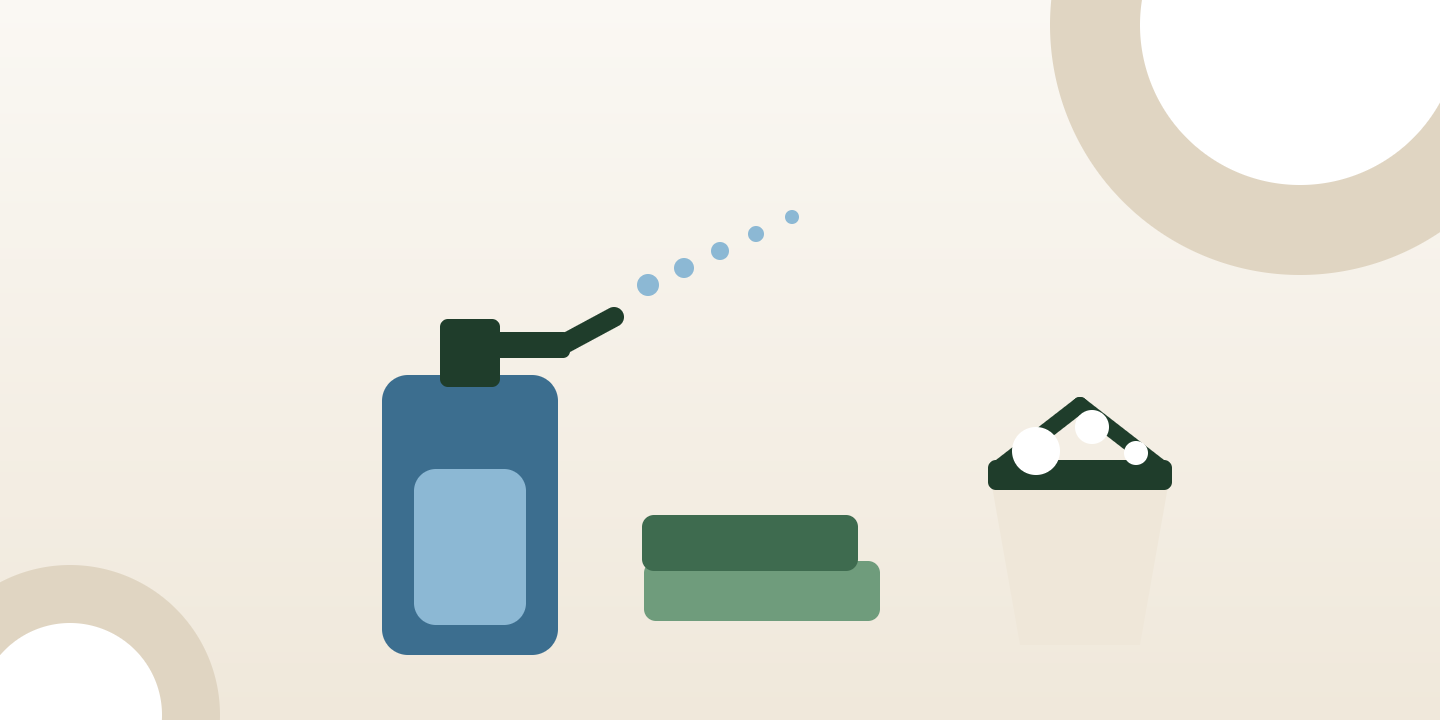 Illustration of a spray bottle, folded cloths and a bucket with suds