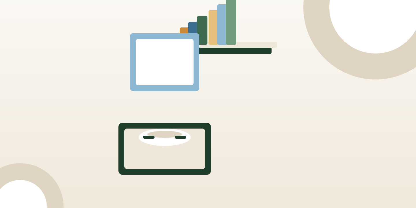 Illustration of a small bathroom with shelves and organisers